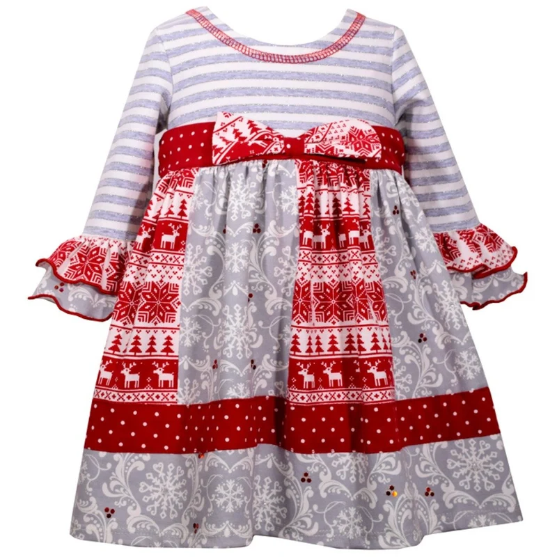 Bonnie Jean Girls Reindeer Stripe Panel Dress