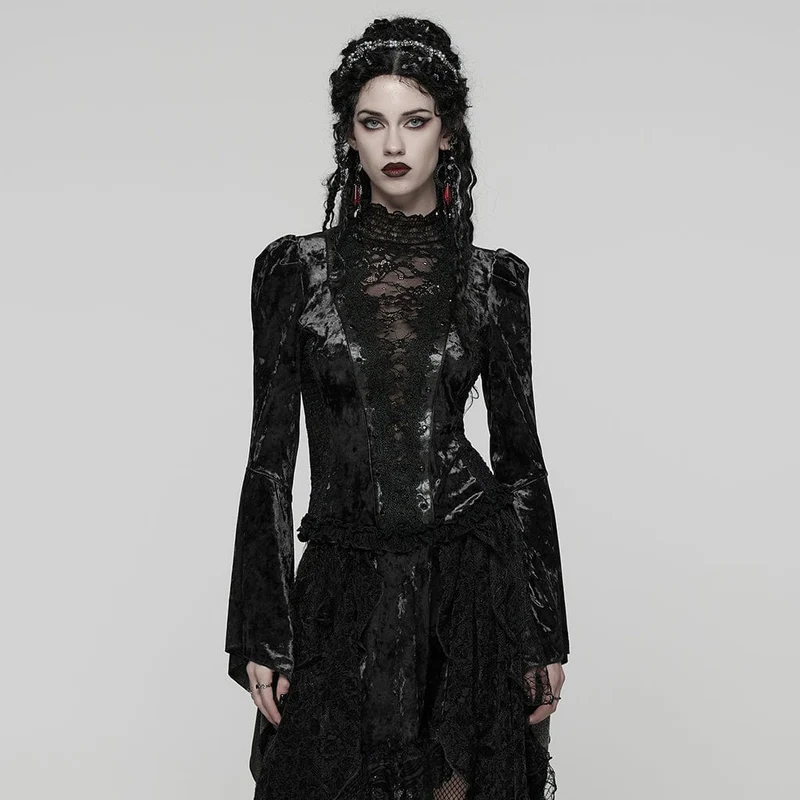 Damtopp med spets, spets och utsvängda ärmar, svart, gotisk spets