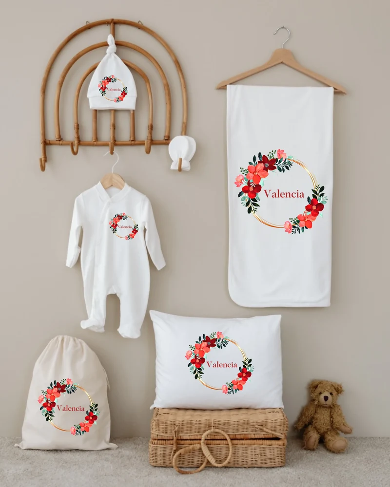 Bloemige lijsten - Gepersonaliseerde 6-delige Newborn Cadeauset met Naam