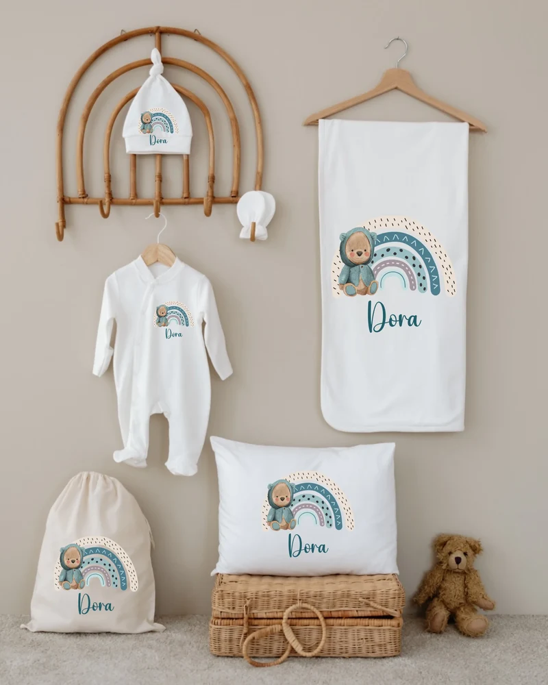 Kleurrijke regenboog - Gepersonaliseerde 6-delige Newborn Cadeauset met Naam