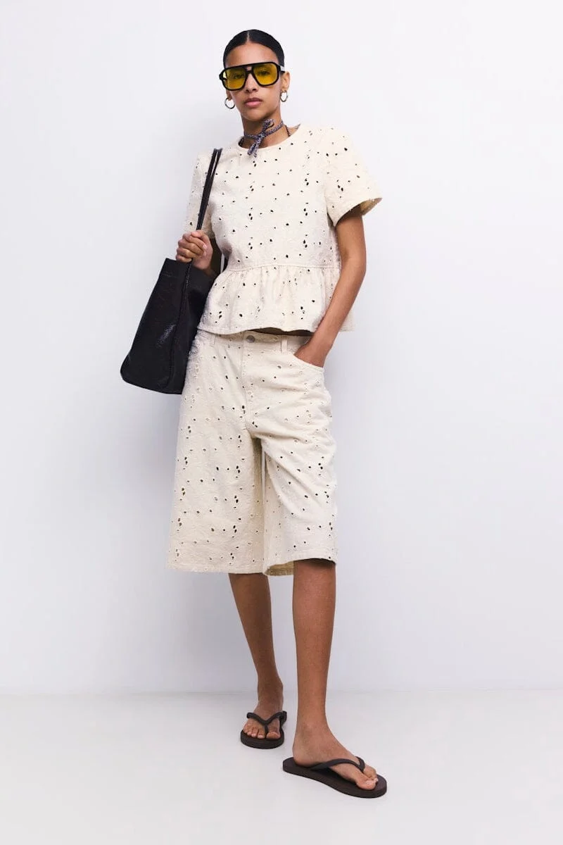 Pieces - Pcella Jorts - 5106585 Ecru Embroidery