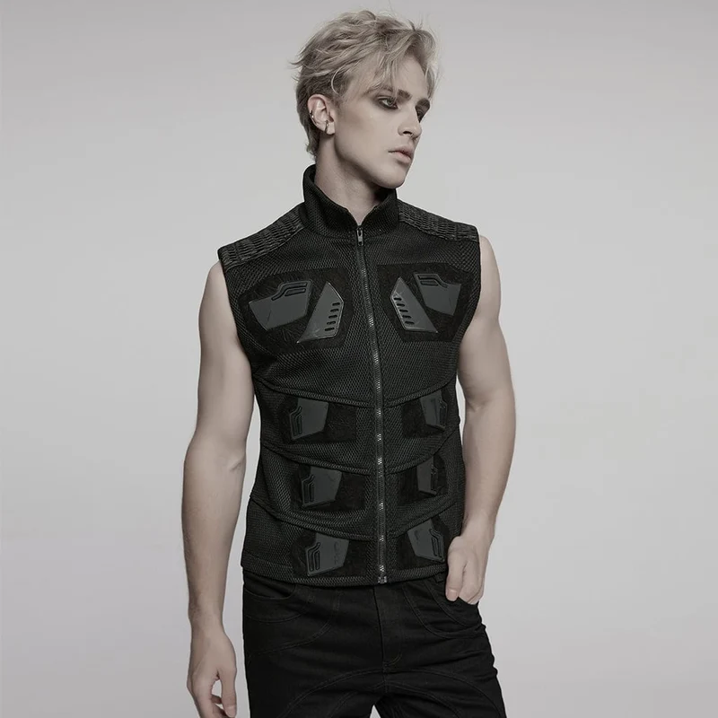 Herr Cyberpunk Stand Collar-väst i konstläder med skarvnät
