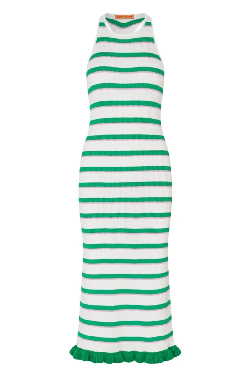 Stine Goya - 2383 Lightweight Knit, Ruffle Tank Dresssg-pf25-d147-2383 - Green And Pink Stripes