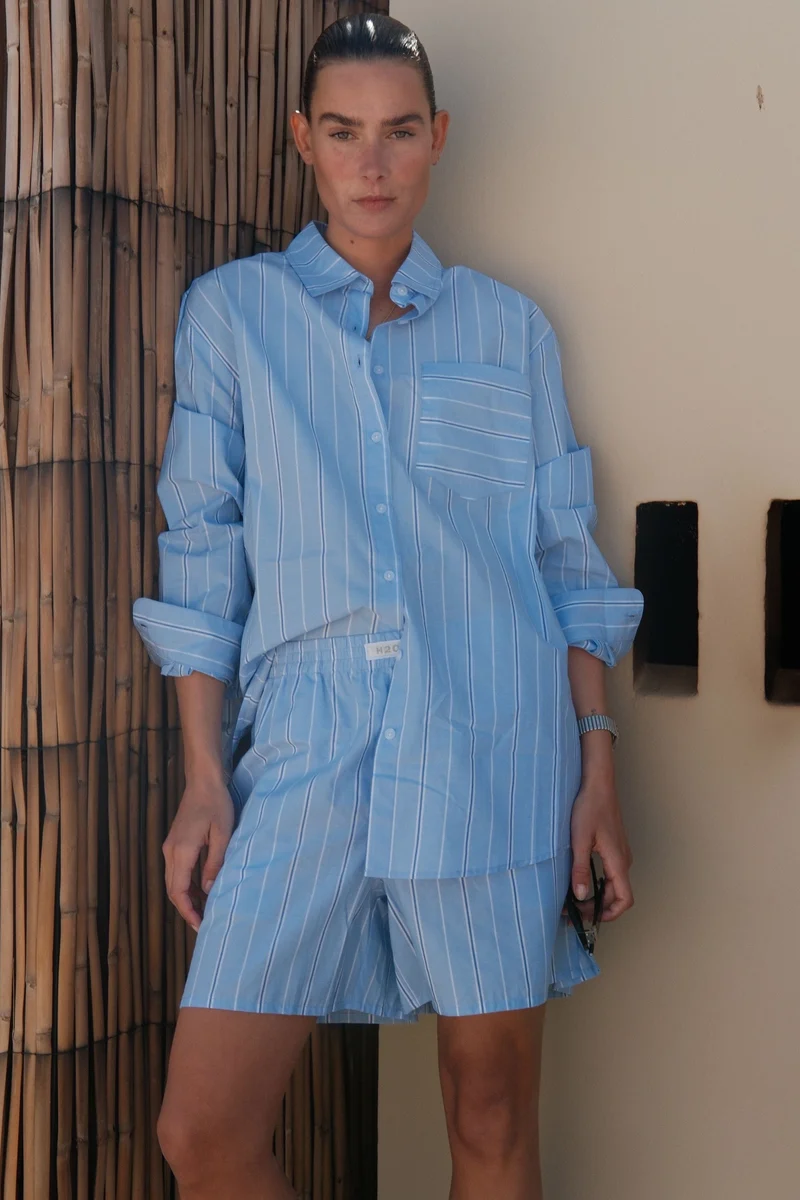 H2O - Rønne Essential Pajamas Shirt L/S 101018-2 - 7046 - Light Blue/White/Blue