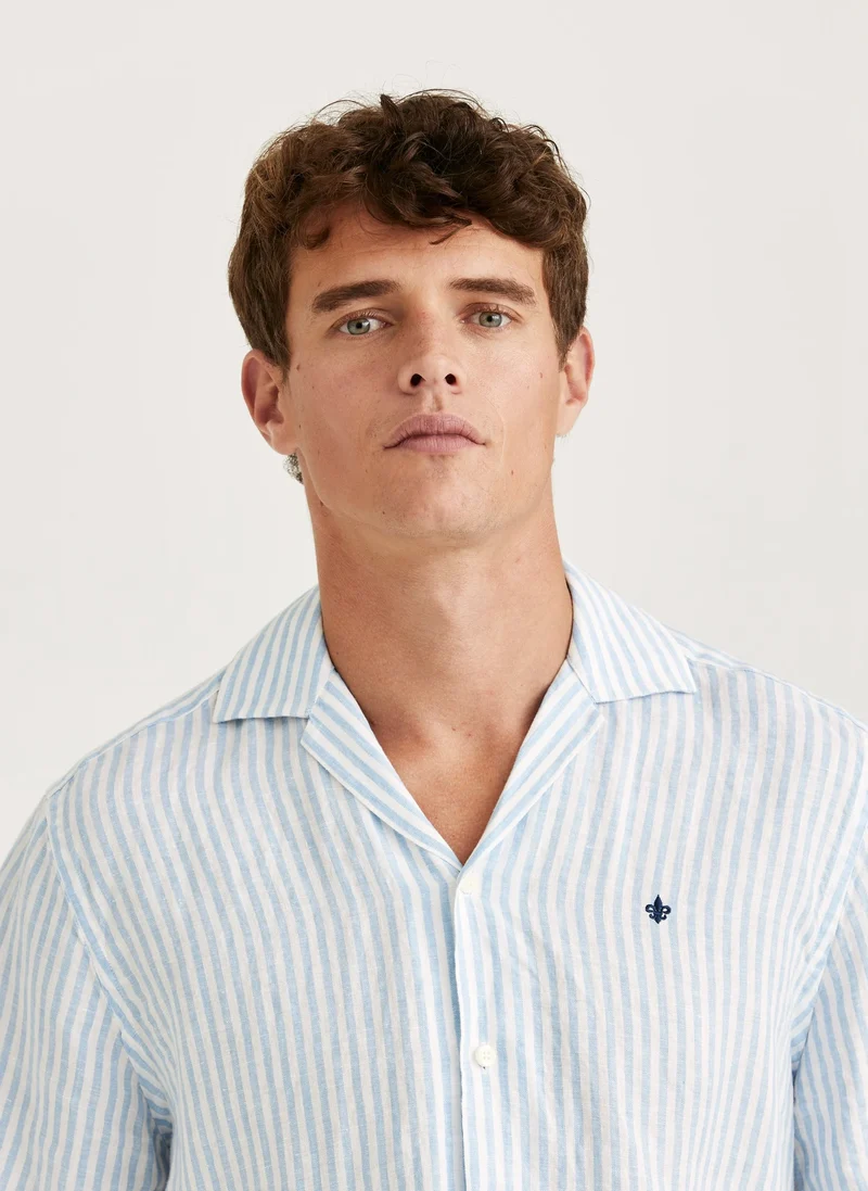 MORRIS Resort Linen Striped SS Shirt - Blue