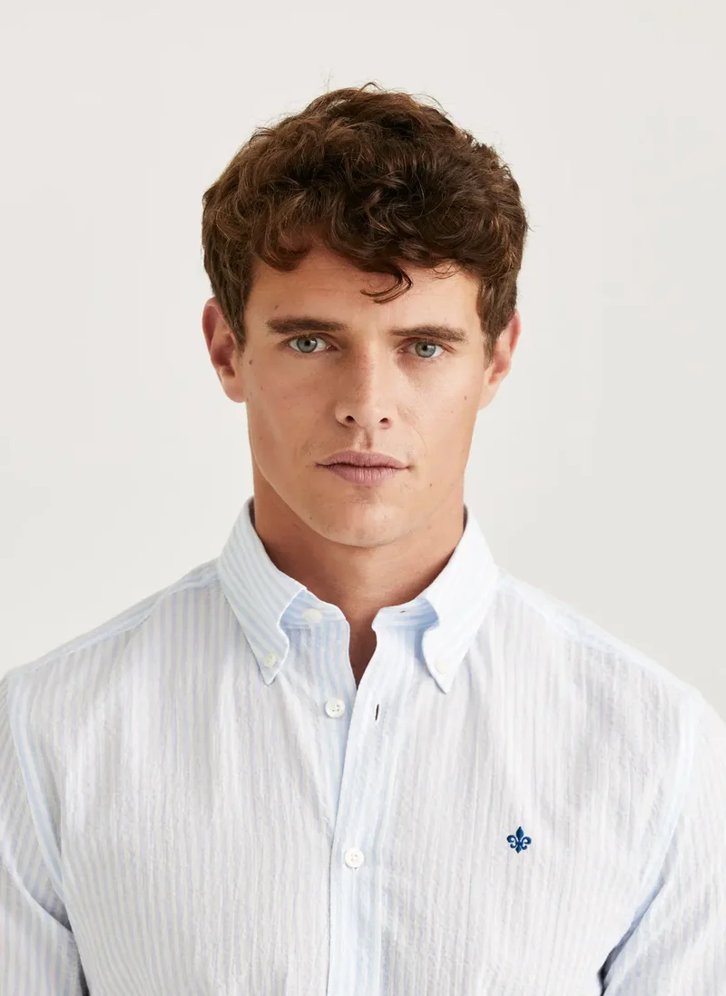 MORRIS Seersucker Striped Shirt - Light Blue