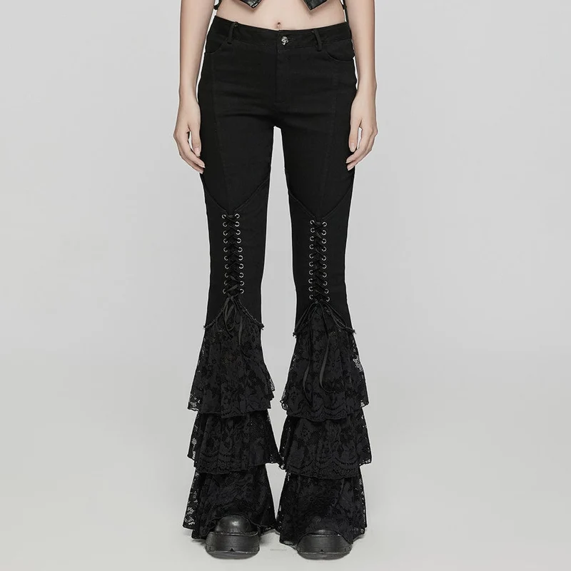 Gothic Lace-up Layered Flared Byxor för kvinnor