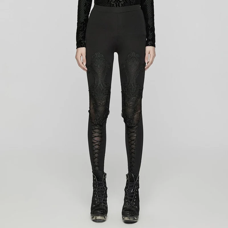 Gotiska blommorbroderade leggings med snörning för kvinnor