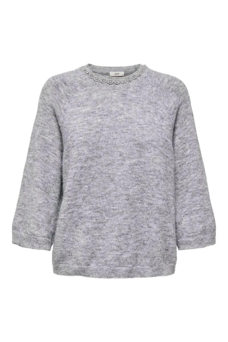 JDY - Jdyalva Life 3/4 Embellish Pull Knt - 4957225 Medium Grey Melange W. Silver Embellishment