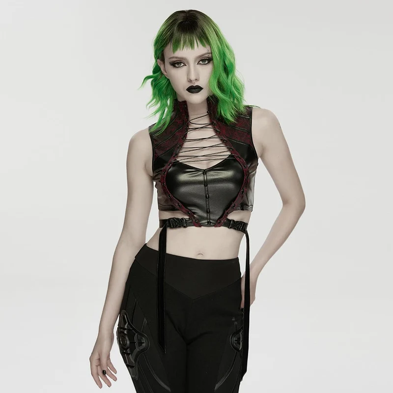 Dam Cyberpunk Nited Cutout Strappy Crop Top Svart-Röd
