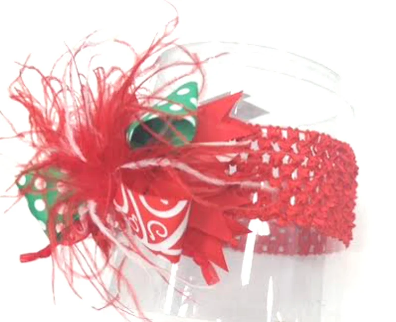 Christmas Headband Red Green Feather Crochet