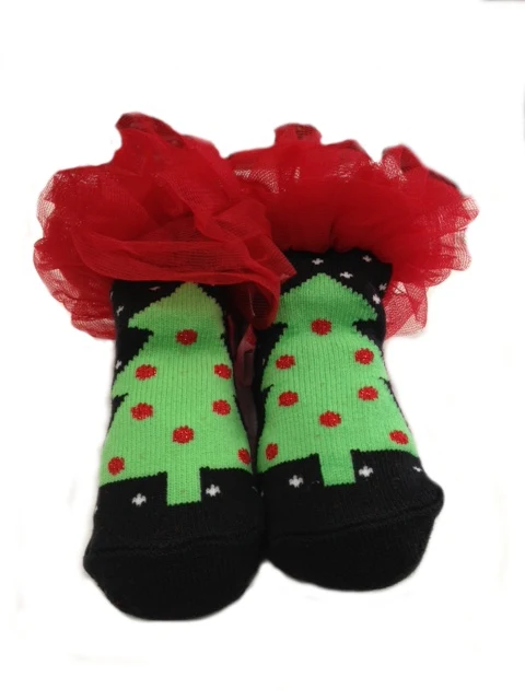 Baby Christmas Socks - Black Christmas Tree with Red Ruffles (fits 0-12 month)