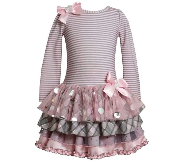 Baby Girl's Party Dress: Pink Grey Stripe Tiered Dress