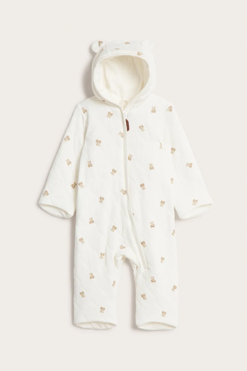 Baby white quilted bear print pramsuit