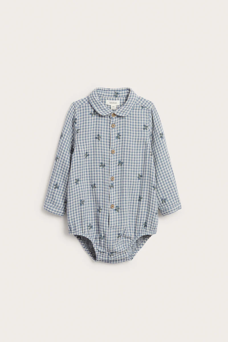 Baby blue shirt bodysuit with blueberries