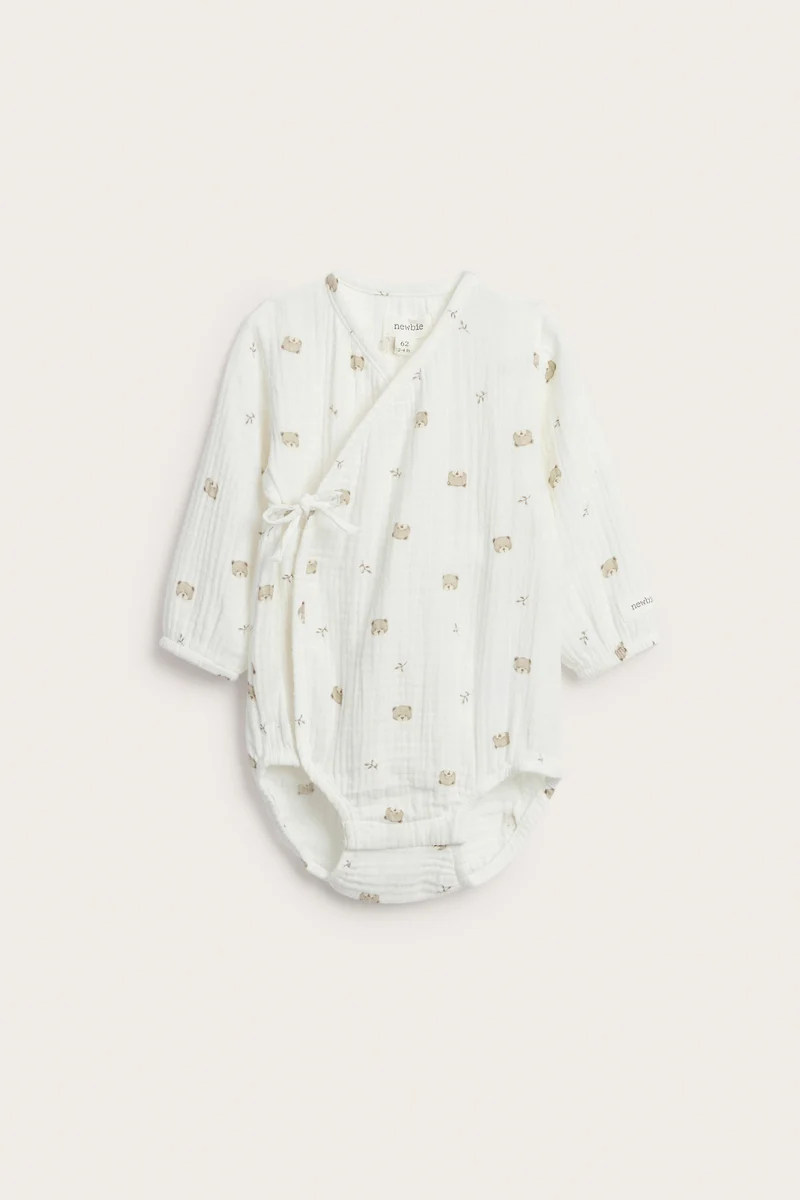 Baby white wrap-over bodysuit with bear print