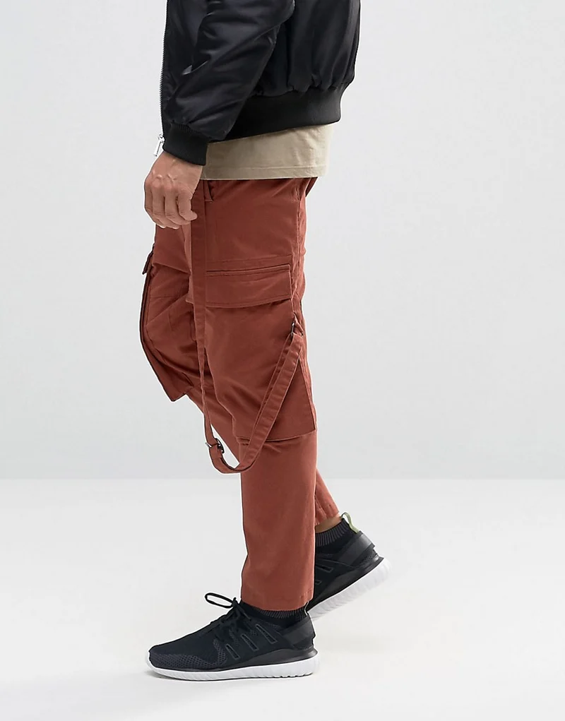 Drop Crotch Cropped Trousers With Cargo Pockets In Rust