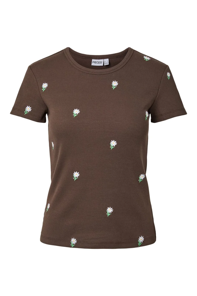 Pieces - Pcmay Ss Embroidery Tee - 5139403 Hot Fudge Embroidery Flower
