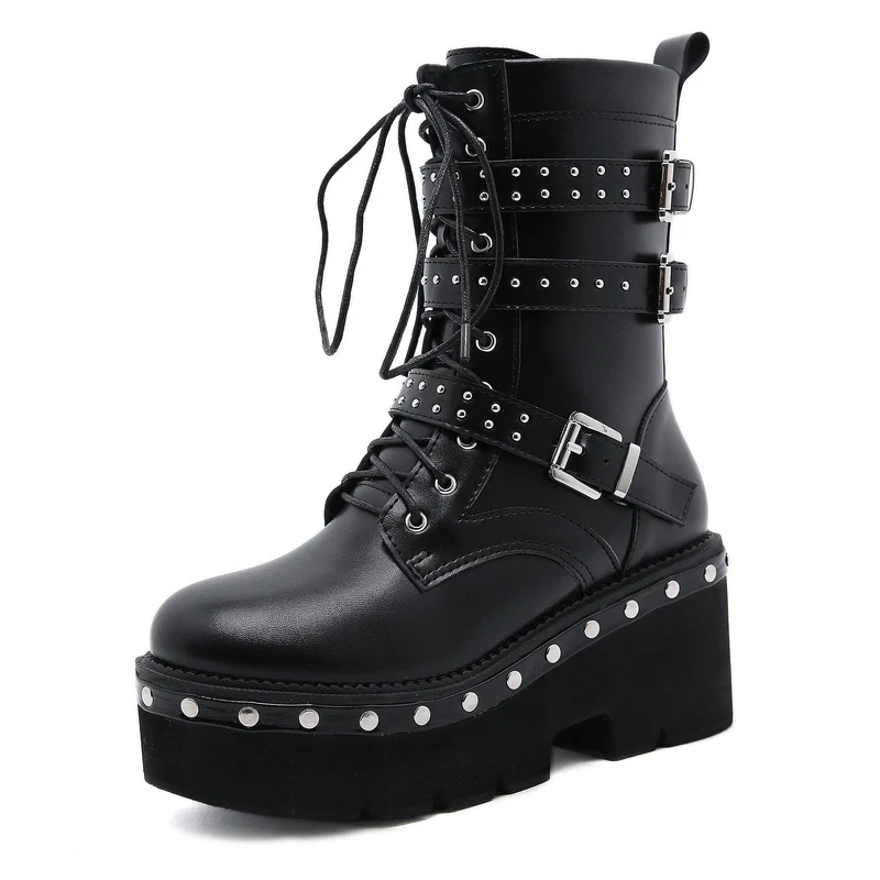 Gothic Punk Spännen Rivet Platform Boots för kvinnor