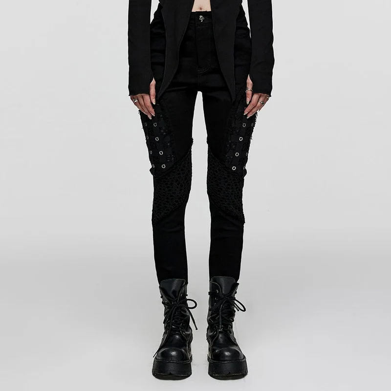 Punk Mesh Splice Eyelet Pants för kvinnor