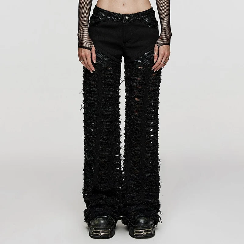 Punk Mesh Splice Ripped Straight Pants för kvinnor