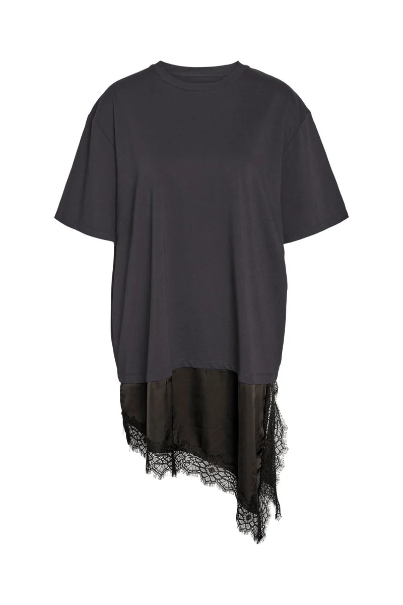 Noisy May - Nmfilla S/S Oversize Satin Lace T-Shirt - 5162243 Obsidian Black Lace