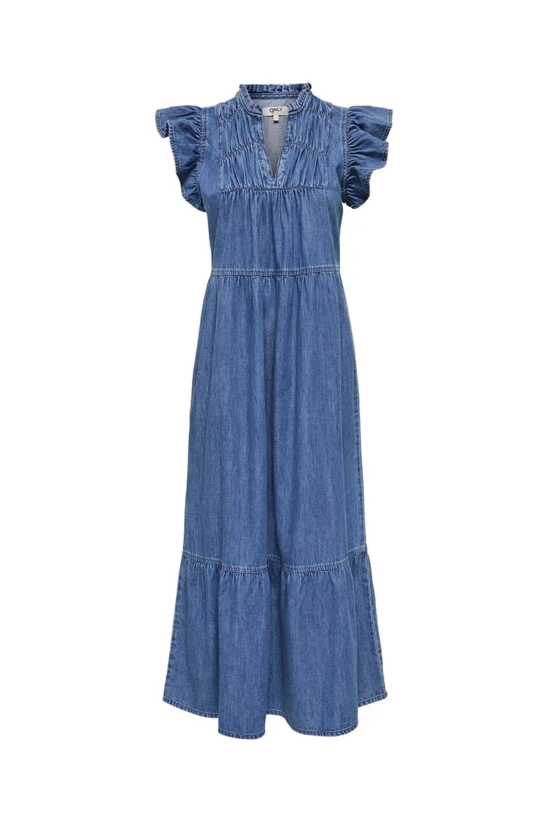 Only - Onlshania S/L Frill Midi Dress Akm - 4996894 Medium Blue Denim