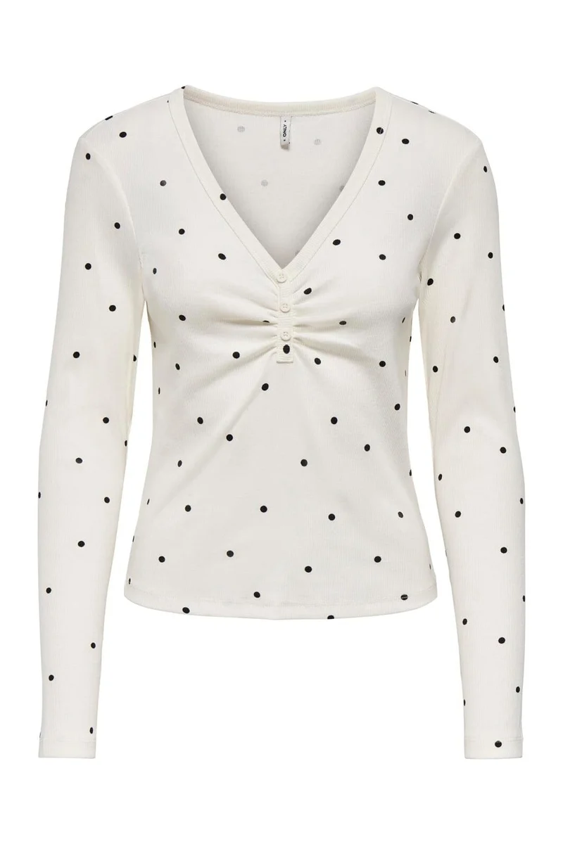 Only - Onlfenja L/S V-Neck Top - 5084676 Cloud Dancer Black Dot