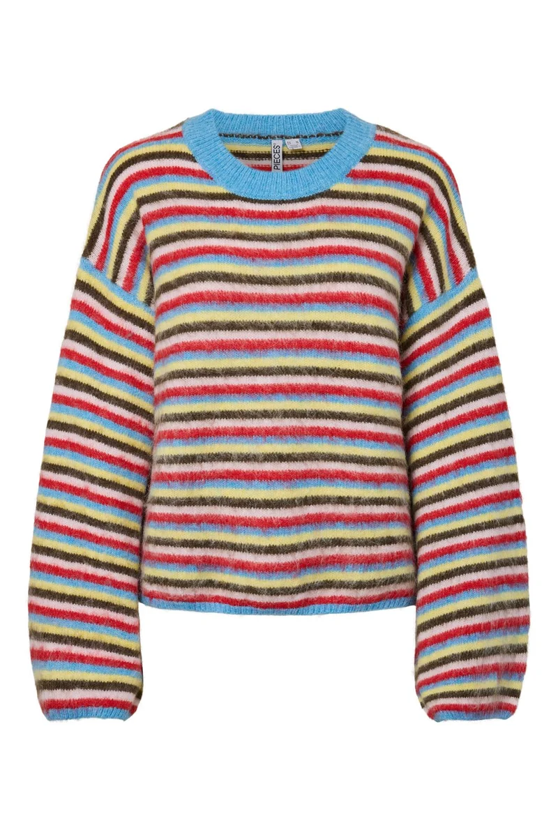 Pieces - Pcada Ls O-Neck Knit - 5075552 Azure Blue Flame Scarlet + Light Lilac + Crocodile + Custard