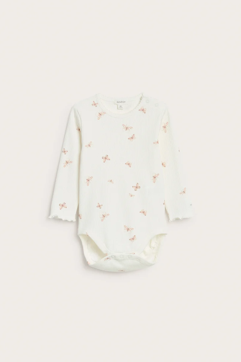 Baby white ribbed bodysuit with butterfly print