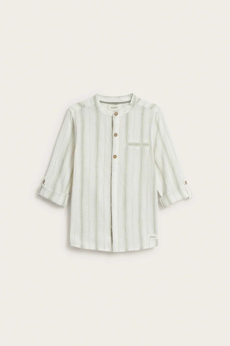 Kids green striped shirt with band collar