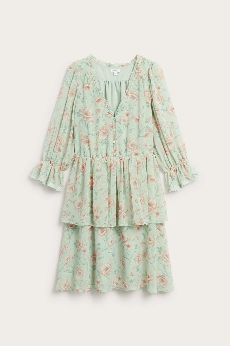 Women's green floral short chiffon dress