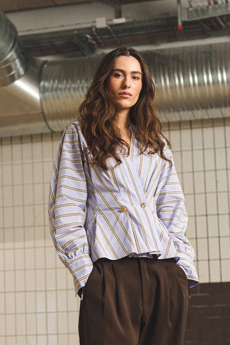 Gossia - Miego Blouse G3238 - Blue / Brown Stripes