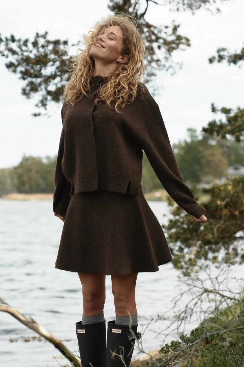 Neo Noir - Renata Fluffy Knit Skirt 168555 - 205 - Brown Melange