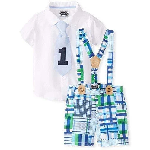 Mud Pie Baby Boys' I'M One 3 Piece Set Madras Plaid Short Button Down