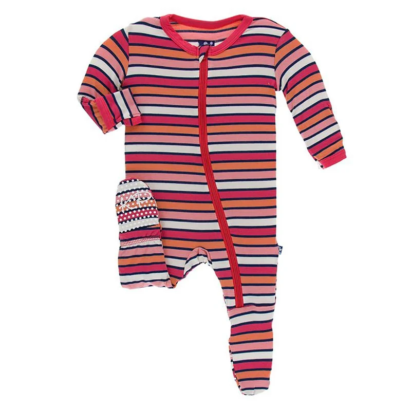 KicKee Pants Print Footie with Zipper Botany Red Ginger Stripe)