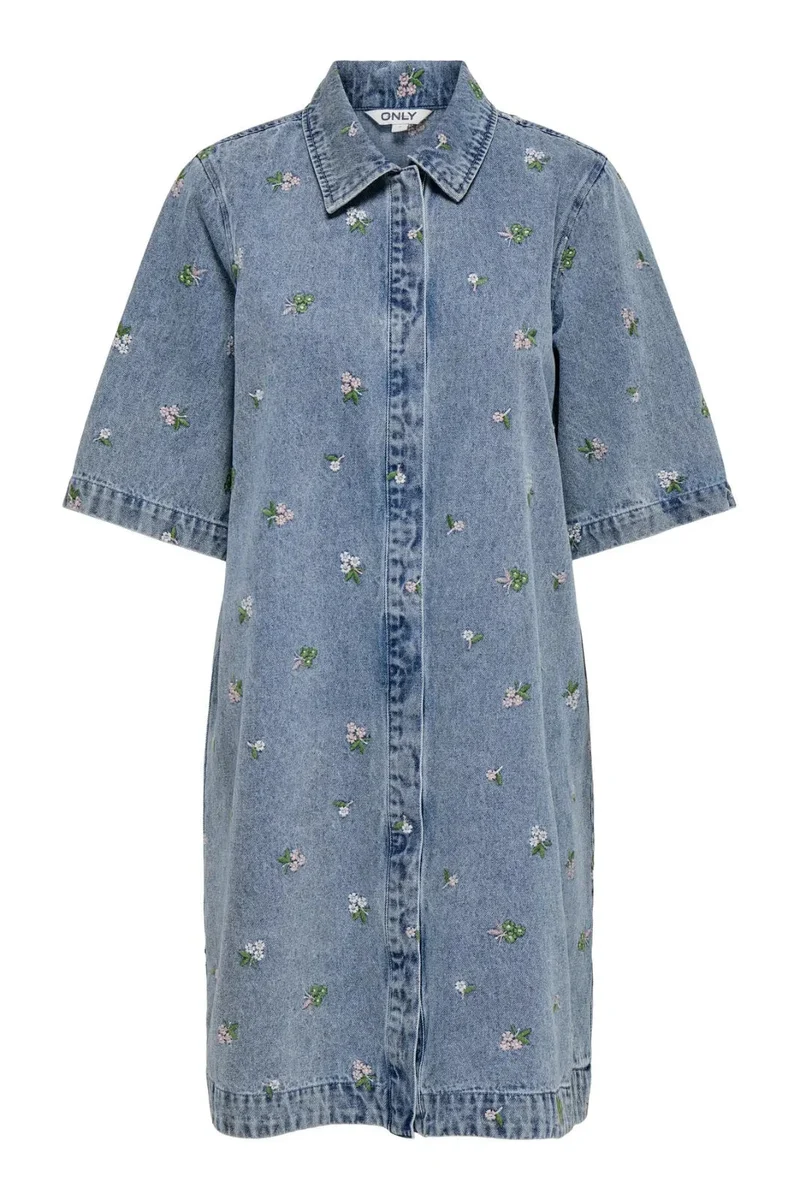 Only - Onlvera-Belle S/S Flower Dress Yor - 5008912 Light Blue Denim Flower Emb