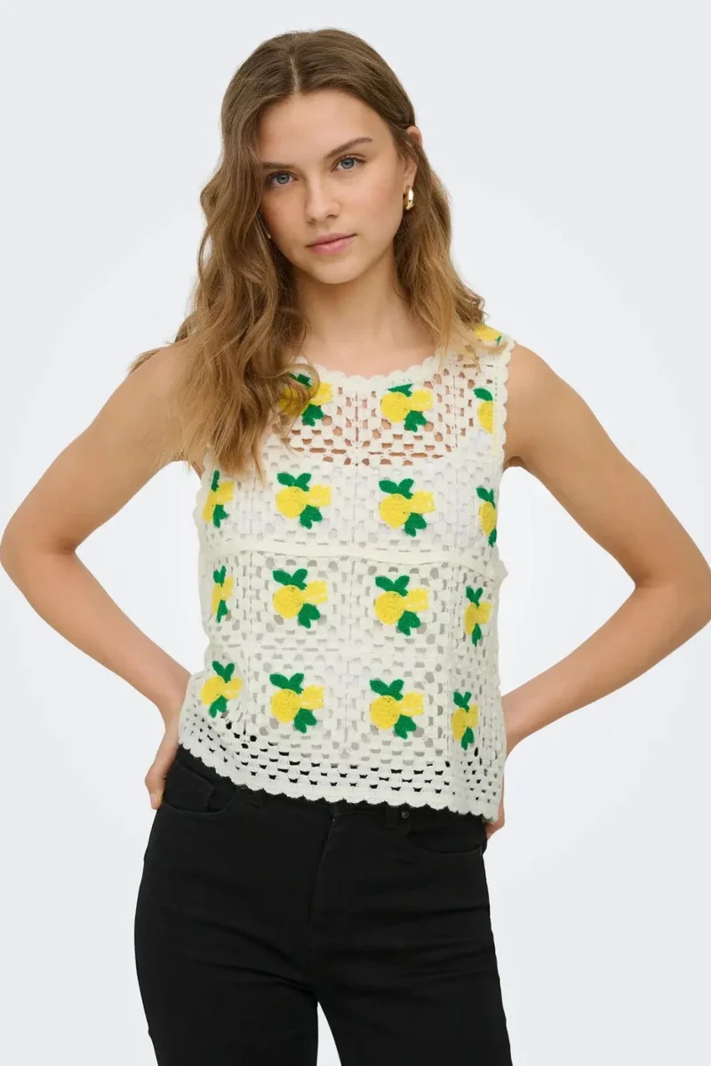 Only - Onlemma Sl O-Neck Crochet Top Knt - 5042715 Birch Lemon/Yarrow/Jelly Bean