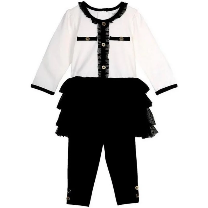 Little Me Baby-Girls Ivory Black Ruffle Lace Tutu Dress Pant Set