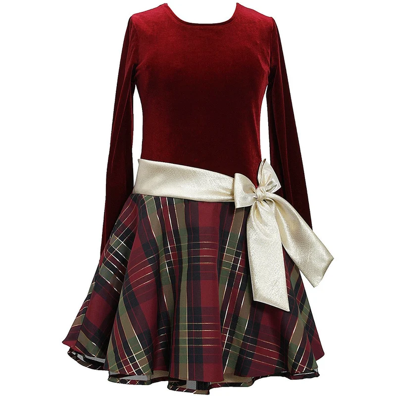 Bonnie Jean Burgundy Drop-Waist Plaid-Skirted Dress