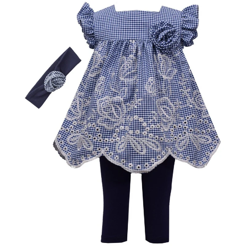 Blue Embroidered Legging Set with Headband