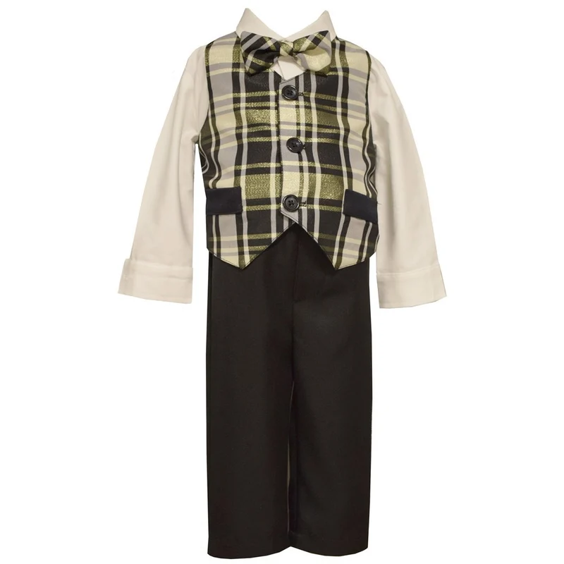 Bonnie Jean Boys Gold Plaid Vest Holiday Pant Set