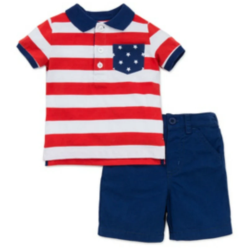 Little Me Red Stripe Polo Navy Short Set