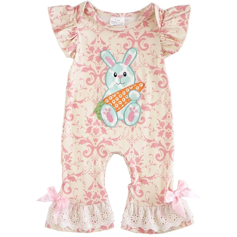 Easter Bunny Pink Damask Ruffled Romper
