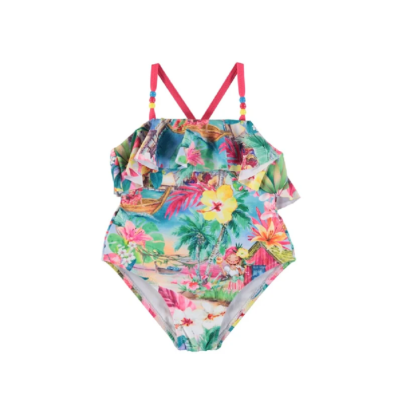 Girls Hawaiian Print One Pc Swimsuit