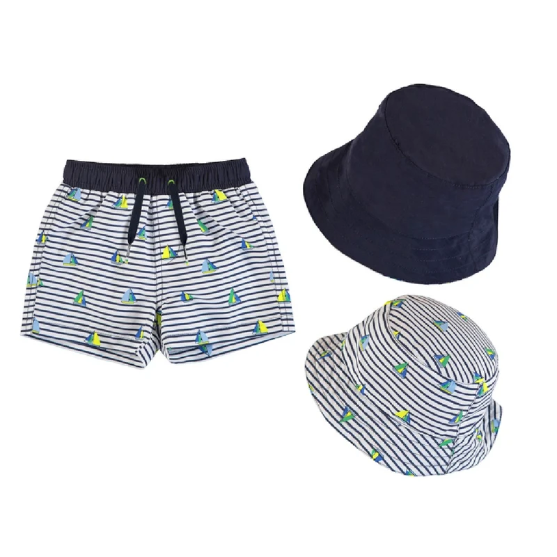Baby or Toddler Boys Swim Trunks and Reversible Sailing Sun Hat Set