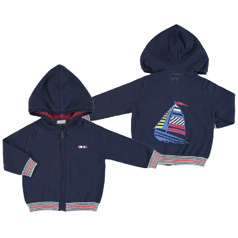 Navy Sailboat Hooded Zip Cotton Cardigan Sweater