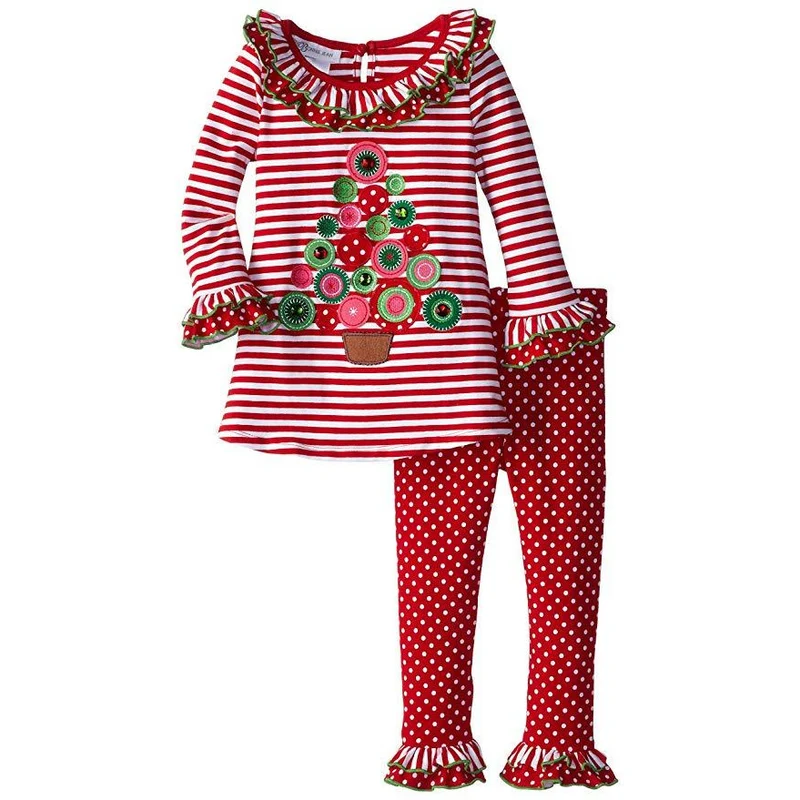 Bonnie Jean: Girl's Red Stripe Christmas Tree Pant Set 6- 9 months - 2T