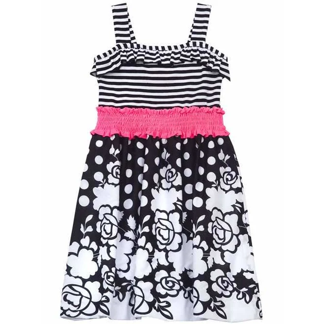 Black White Floral Stripe Woven Dress 4 - 6X