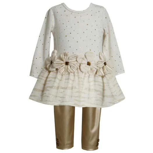 Bonnie Jean Collection: Ivory Flower Tunic and Faux Leather Gold Pant